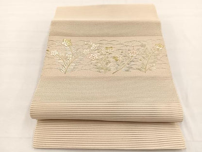 平和屋着物＊夏物　西陣　川村織物謹製　八寸名古屋帯　手織　刺繍　絽綴れ　露芝桔梗文　金銀糸　正絹　逸品　BAAX7618hv