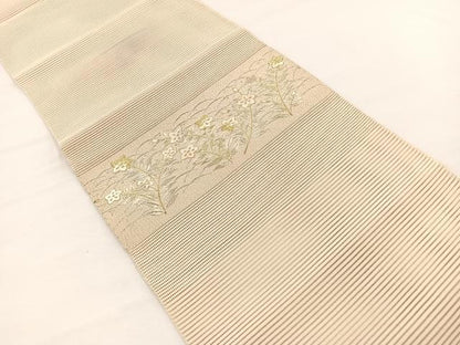 平和屋着物＊夏物　西陣　川村織物謹製　八寸名古屋帯　手織　刺繍　絽綴れ　露芝桔梗文　金銀糸　正絹　逸品　BAAX7618hv