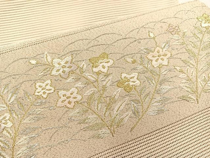 平和屋着物＊夏物　西陣　川村織物謹製　八寸名古屋帯　手織　刺繍　絽綴れ　露芝桔梗文　金銀糸　正絹　逸品　BAAX7618hv