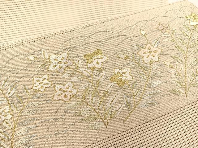 平和屋着物＊夏物　西陣　川村織物謹製　八寸名古屋帯　手織　刺繍　絽綴れ　露芝桔梗文　金銀糸　正絹　逸品　BAAX7618hv