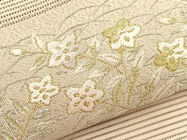 平和屋着物＊夏物　西陣　川村織物謹製　八寸名古屋帯　手織　刺繍　絽綴れ　露芝桔梗文　金銀糸　正絹　逸品　BAAX7618hv