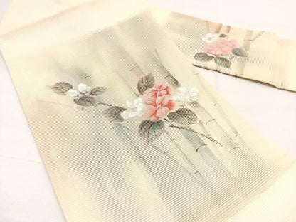 平和屋着物＊夏物　九寸名古屋帯　手描き　牡丹竹文　銀糸　正絹　逸品　BAAX7633hv