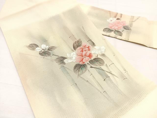 平和屋着物＊夏物　九寸名古屋帯　手描き　牡丹竹文　銀糸　正絹　逸品　BAAX7633hv