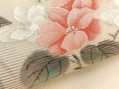 平和屋着物＊夏物　九寸名古屋帯　手描き　牡丹竹文　銀糸　正絹　逸品　BAAX7633hv