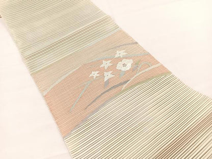 平和屋着物＊夏物　八寸名古屋帯　絽綴れ　桔梗椿文　銀糸　正絹　逸品　BAAX7636hv