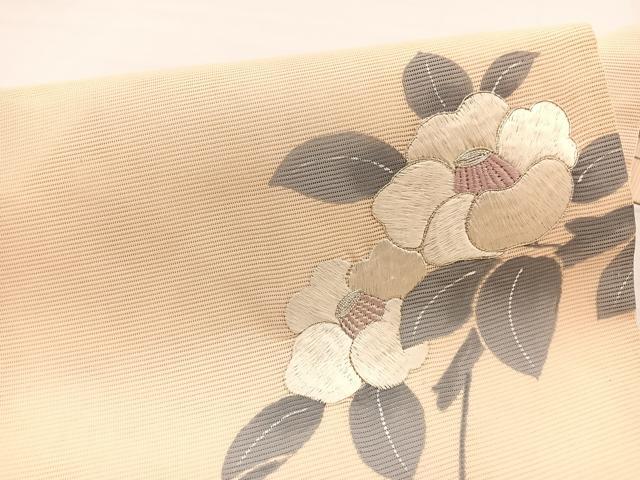 平和屋着物＊夏物　九寸名古屋帯　手描き　駒刺繍　椿　銀糸　正絹　逸品　BAAX7639hv