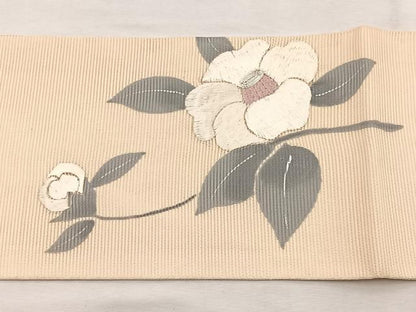 平和屋着物＊夏物　九寸名古屋帯　手描き　駒刺繍　椿　銀糸　正絹　逸品　BAAX7639hv