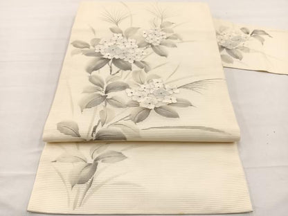 平和屋着物＊夏物　九寸名古屋帯　作家物　手描き　刺繍　紫陽花　銀彩　正絹　逸品　BAAX7674hv
