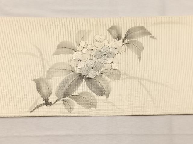 平和屋着物＊夏物　九寸名古屋帯　作家物　手描き　刺繍　紫陽花　銀彩　正絹　逸品　BAAX7674hv