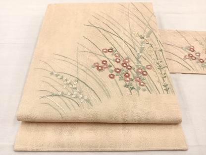 平和屋着物＊夏物　九寸名古屋帯　刺繍　草花文　金糸　正絹　逸品　BAAX7675hv