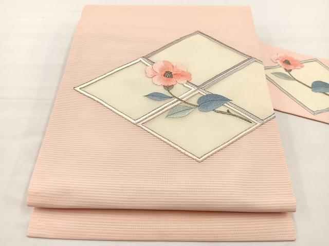 平和屋着物＊夏物　九寸名古屋帯　総刺繍　駒刺繍　椿　金銀糸　正絹　逸品　未使用　BAAX7678hv