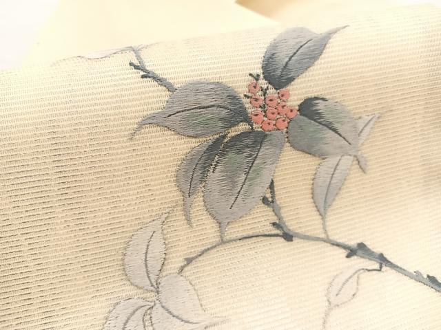 平和屋着物＊夏物　九寸名古屋帯　総刺繍　南天文　正絹　逸品　BAAX7684hv