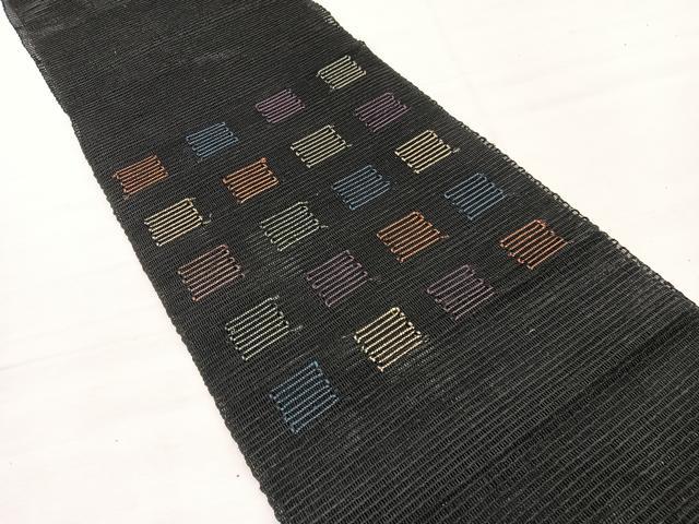 平和屋着物＊夏物　八寸名古屋帯　幾何学文様　黒地　正絹　逸品　BAAX7692hv