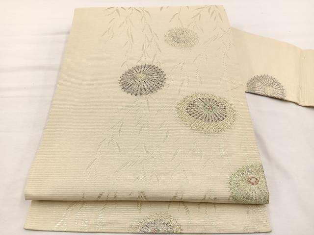 平和屋着物＊夏物　九寸名古屋帯　番傘枝垂れ柳文　金糸　正絹　逸品　BAAX7701hv