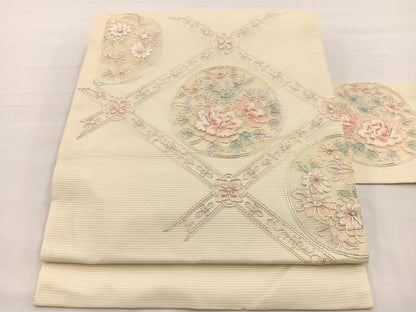 平和屋着物＊夏物　九寸名古屋帯　総駒刺繍　菱天井花丸文　銀糸　正絹　逸品　BAAX7708hv
