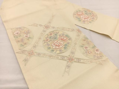 平和屋着物＊夏物　九寸名古屋帯　総駒刺繍　菱天井花丸文　銀糸　正絹　逸品　BAAX7708hv