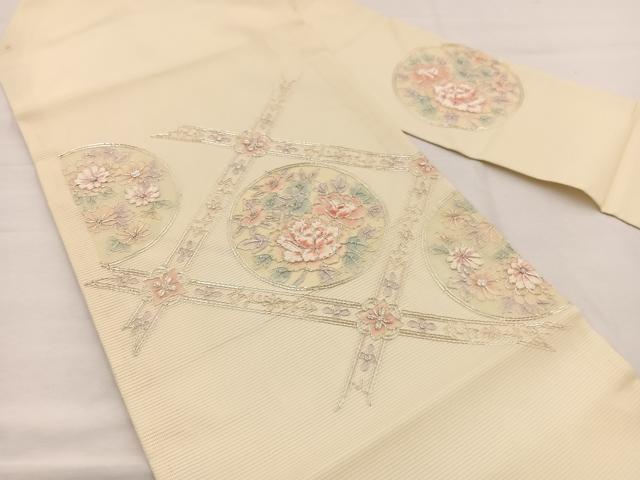 平和屋着物＊夏物　九寸名古屋帯　総駒刺繍　菱天井花丸文　銀糸　正絹　逸品　BAAX7708hv