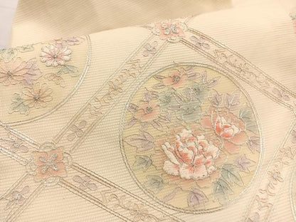 平和屋着物＊夏物　九寸名古屋帯　総駒刺繍　菱天井花丸文　銀糸　正絹　逸品　BAAX7708hv