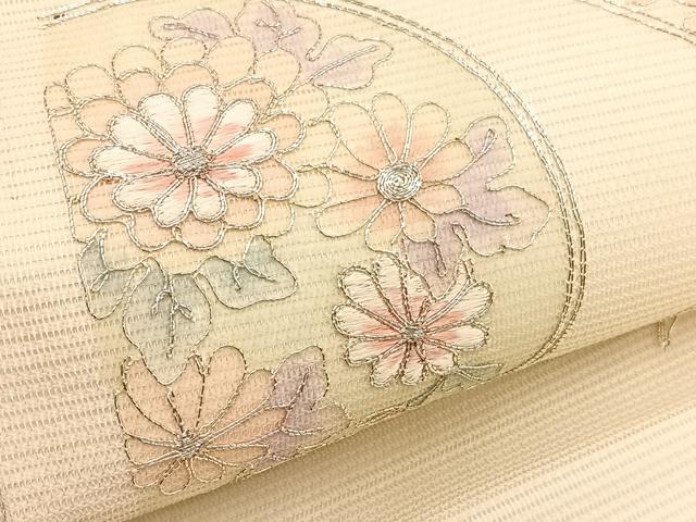 平和屋着物＊夏物　九寸名古屋帯　総駒刺繍　菱天井花丸文　銀糸　正絹　逸品　BAAX7708hv