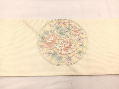 平和屋着物＊夏物　九寸名古屋帯　総駒刺繍　菱天井花丸文　銀糸　正絹　逸品　BAAX7708hv