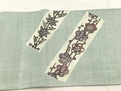 平和屋着物＊夏物　九寸名古屋帯　型染め　楓笹梅文　麻　逸品　BAAX7711hv