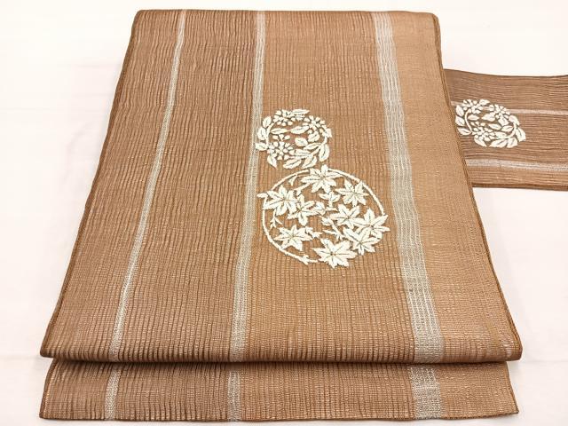 平和屋着物＊夏物　九寸名古屋帯　総刺繍　楓花文　銀糸　正絹　逸品　BAAX7714hv