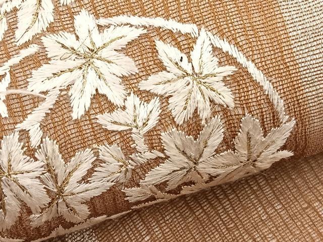平和屋着物＊夏物　九寸名古屋帯　総刺繍　楓花文　銀糸　正絹　逸品　BAAX7714hv