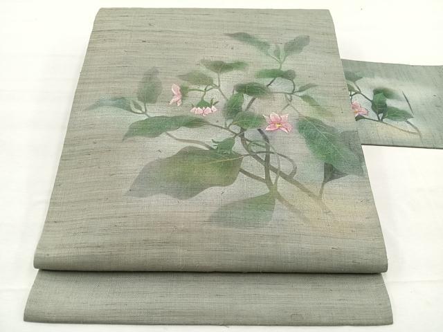 平和屋着物＊夏物　九寸名古屋帯　手描き　枝花文　金銀彩　麻　逸品　BAAX7721hv