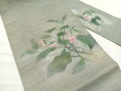 平和屋着物＊夏物　九寸名古屋帯　手描き　枝花文　金銀彩　麻　逸品　BAAX7721hv