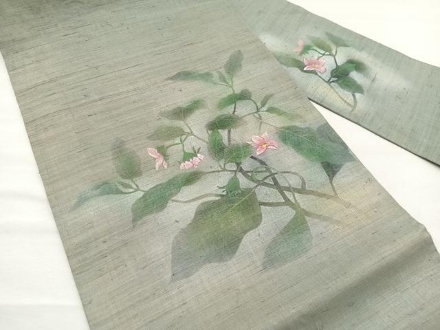 平和屋着物＊夏物　九寸名古屋帯　手描き　枝花文　金銀彩　麻　逸品　BAAX7721hv