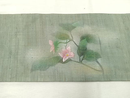 平和屋着物＊夏物　九寸名古屋帯　手描き　枝花文　金銀彩　麻　逸品　BAAX7721hv