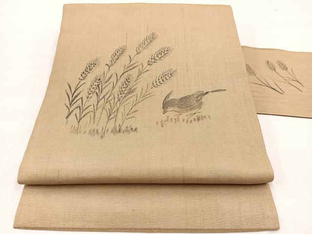 平和屋着物＊夏物　九寸名古屋帯　作家物　手描き　稲穂に鳥　銀通し地　正絹　逸品　BAAX7722hv