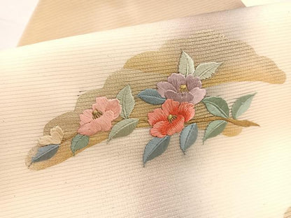 平和屋着物＊夏物　九寸名古屋帯　刺繍　椿花文　金銀彩　正絹　逸品　BAAX7724hv
