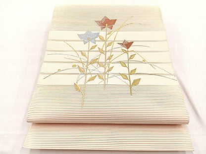 平和屋着物＊夏物　八寸名古屋帯　駒刺繍　絽綴れ　枝花文　金銀糸　正絹　逸品　未使用　BAAX7730hv