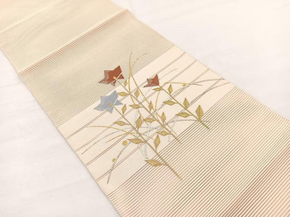 平和屋着物＊夏物　八寸名古屋帯　駒刺繍　絽綴れ　枝花文　金銀糸　正絹　逸品　未使用　BAAX7730hv