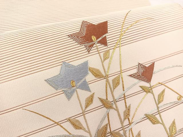 平和屋着物＊夏物　八寸名古屋帯　駒刺繍　絽綴れ　枝花文　金銀糸　正絹　逸品　未使用　BAAX7730hv