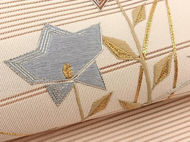 平和屋着物＊夏物　八寸名古屋帯　駒刺繍　絽綴れ　枝花文　金銀糸　正絹　逸品　未使用　BAAX7730hv