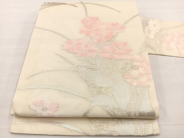 平和屋着物＊夏物　九寸名古屋帯　草花文　銀糸　正絹　逸品　BAAX7739hv