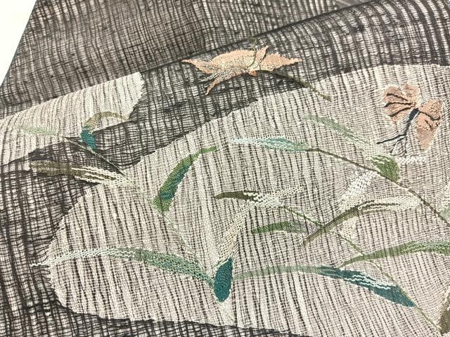 平和屋着物＊夏物　九寸名古屋帯　すくい織　舞蝶草葉文　黒地　金銀糸　正絹　逸品　未使用　BAAX7747hv