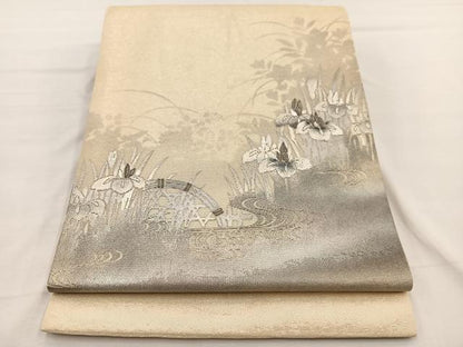 平和屋着物＊夏物　九寸開き名古屋帯　刺繍　流水籬花文　銀彩　正絹　逸品　BAAX7757hv