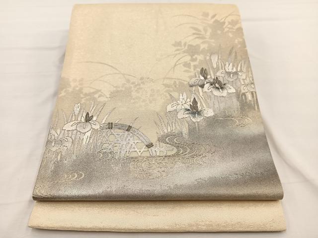 平和屋着物＊夏物　九寸開き名古屋帯　刺繍　流水籬花文　銀彩　正絹　逸品　BAAX7757hv