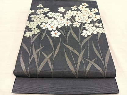 平和屋着物＊夏物　九寸開き名古屋帯　唐織　草花文　銀糸　正絹　逸品　BAAX7767hv