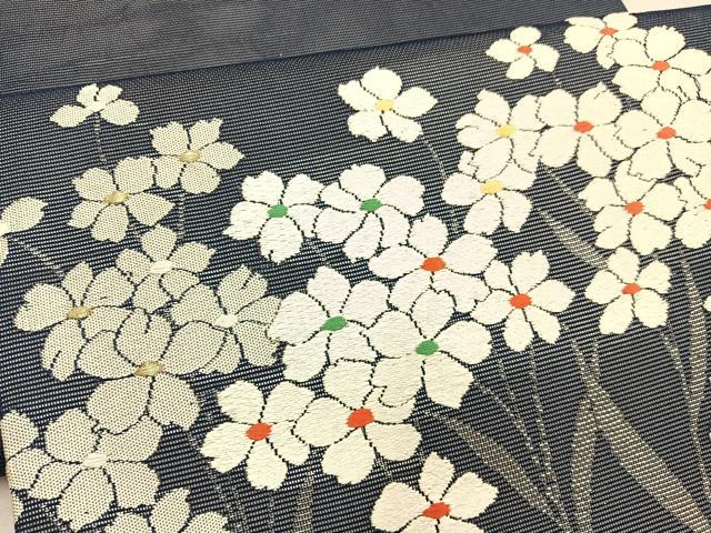 平和屋着物＊夏物　九寸開き名古屋帯　唐織　草花文　銀糸　正絹　逸品　BAAX7767hv