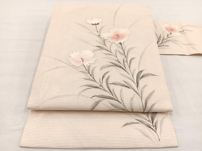 平和屋着物＊夏物　九寸名古屋帯　作家物　手描き　刺繍　枝花文　銀彩　正絹　逸品　BAAX7769hv
