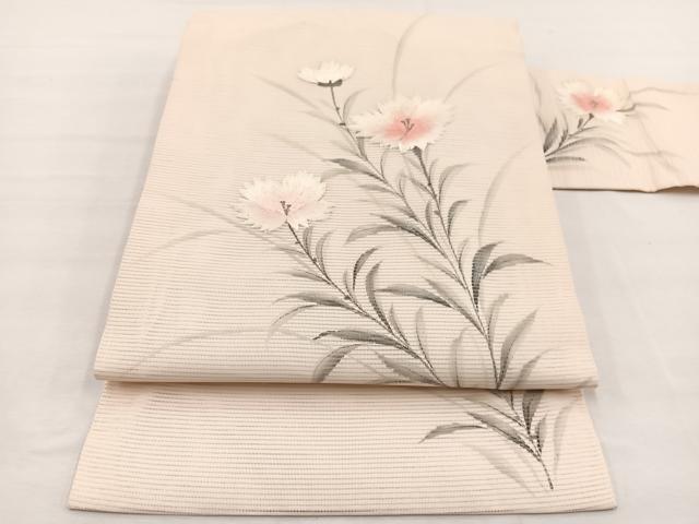平和屋着物＊夏物　九寸名古屋帯　作家物　手描き　刺繍　枝花文　銀彩　正絹　逸品　BAAX7769hv
