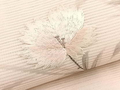 平和屋着物＊夏物　九寸名古屋帯　作家物　手描き　刺繍　枝花文　銀彩　正絹　逸品　BAAX7769hv