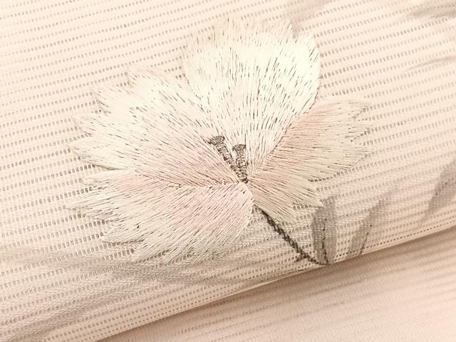 平和屋着物＊夏物　九寸名古屋帯　作家物　手描き　刺繍　枝花文　銀彩　正絹　逸品　BAAX7769hv