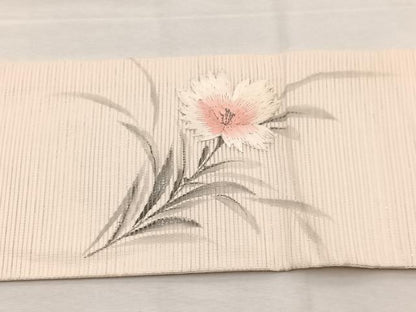 平和屋着物＊夏物　九寸名古屋帯　作家物　手描き　刺繍　枝花文　銀彩　正絹　逸品　BAAX7769hv