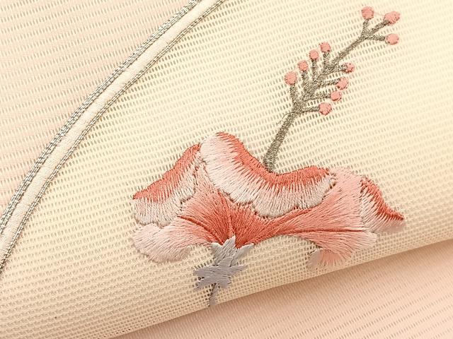 平和屋着物＊夏物　九寸名古屋帯　駒刺繍　枝花文　銀糸　正絹　逸品　BAAX7770hv