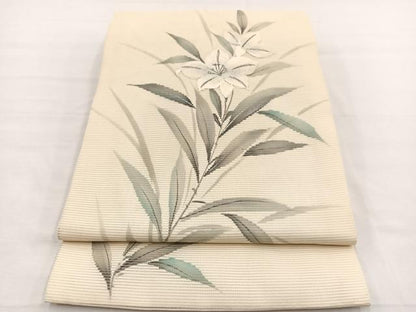 平和屋着物＊夏物　九寸開き名古屋帯　作家物　手描き　刺繍　百合　銀彩　正絹　逸品　BAAX7771hv